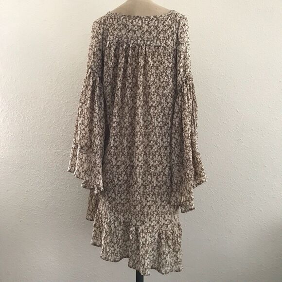 Storia Beige Neutral Tan Floral Chiffon V Neck Oversized Boho Mini Dress - S - Picture 5 of 8